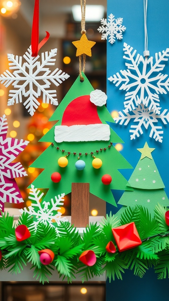 A collection of Christmas crafts made from construction paper, including ornaments, cards, and decorations.